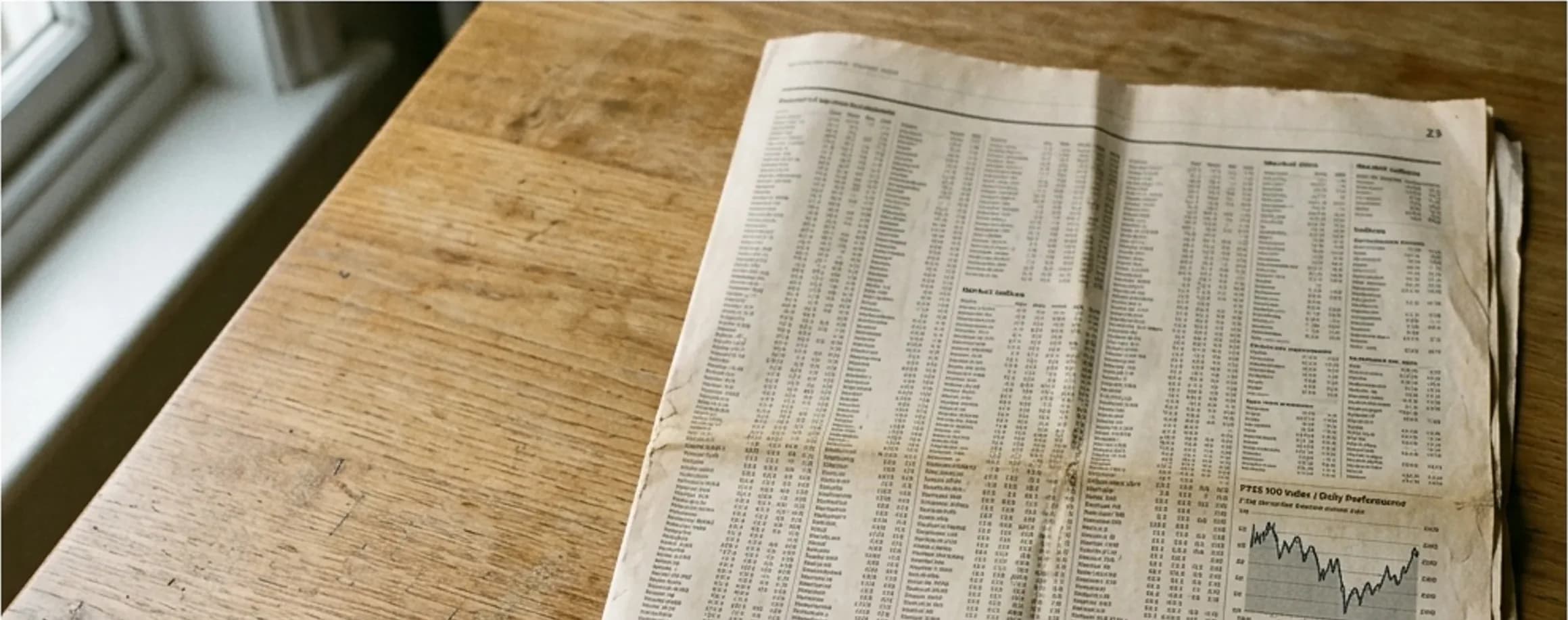 Broadsheet financial pages with charts open across an oak table.
